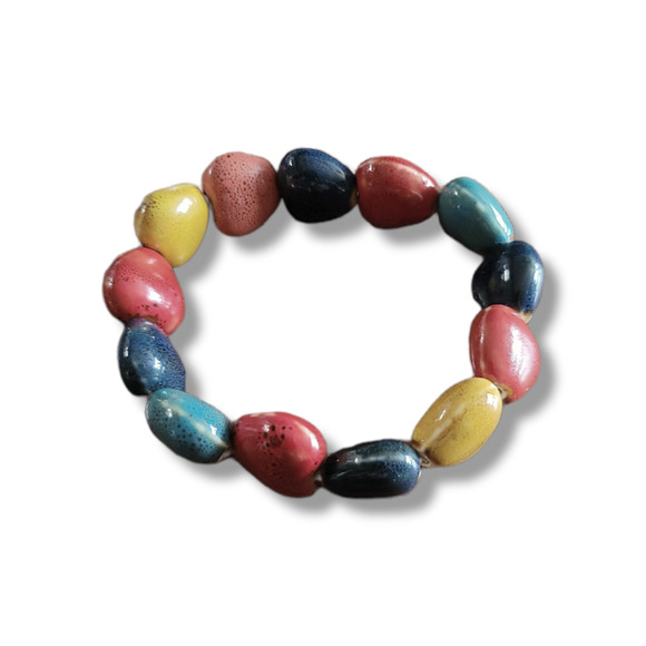 Handmade Glazed Multi-Color Porcelain Heart Bead Stretch Bracelet 7 1/4" - Picture 1 of 3
